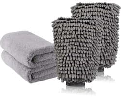 Grote autowashandschoen en microvezel-reinigingsdoek, Deluxe koraal chenille-handschoenpoetsdoeken, perfect voor keuken, autowassen en verf, 2 x doeken + 2 x handschoenen)