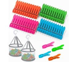 48 Kledingpegs - Wasknijpers met mand - Kleding drogen - Windbestendig ontwerp - 48 stuks - Vier kleuren