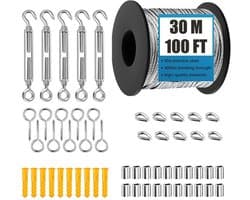 Namajunas – 56-delige staalkabelset – roestvrijstalen kabel – waslijn – 30 meter/100 voet, met oogjes en M5-spanschroeven, geschikt voor kabelsystemen voor buitenverlichting, klimplanten, tuinen en waslijnen, evenals andere buiteninstallaties.