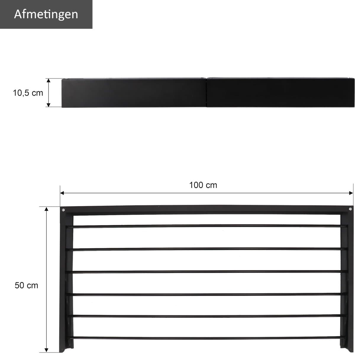 SnelShoppen - KROMS Wanddroogrek Zwart 100 cm - 6m Drooglengte - Incl. Boormal - Inklapbaar Wasrek voor Muur en Hangend Gebruik - Ideaal voor Thuis, C — afbeelding 1