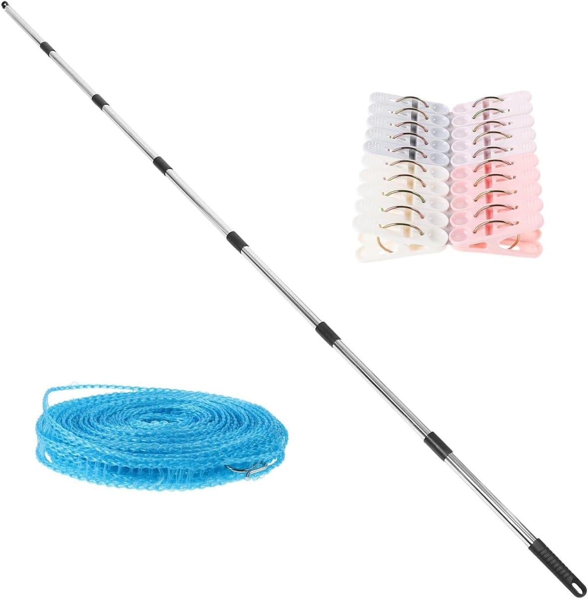 Waslijn Droogset - Wasstok Droogrek - Buiten Kleding Drogen - Telescopisch Verstelbaar - 250 cm - Zilver — afbeelding 1