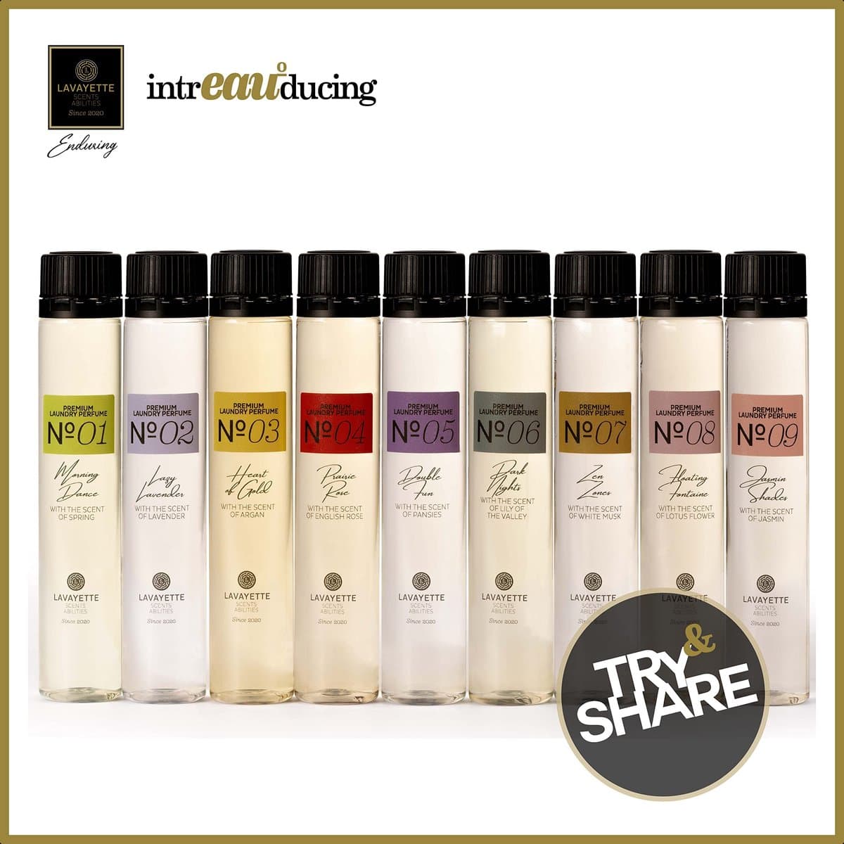 SnelShoppen - Lavayette Premium Wasparfum Testpakket - Geur voor Kleding, Beddengoed en Linnen - 9 x 25 ml Vloeistof - Geurverwijderaar - Wasgeur voor — afbeelding 1