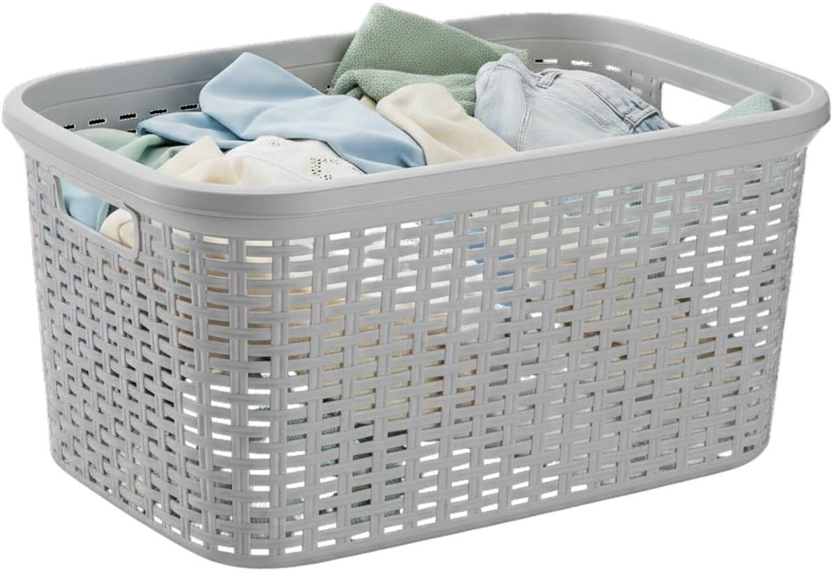 Plasticforte Wasmand - 35 liter - rotan - licht grijs - kunststof - 53 x 36 x 26 cm - draagmand - met handvatten - lichtgewicht — afbeelding 1