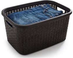 Plasticforte Wasmand - 35 liter - rotan - zwart - kunststof - 53 x 36 x 26 cm - draagmand - met handvatten - lichtgewicht