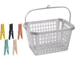 Wasknijper mandje - bakje - zilver - inclusief 52x wasknijpers - kunststof - knijpermandje — afbeelding 1