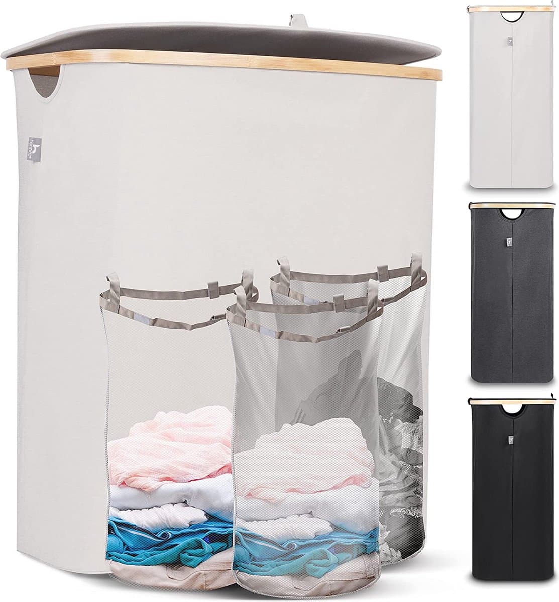 Hennez Wasmand Opbergmand 150L 3 compartimenten met deksel - Waszak Wasbaar - Rechthoekige Bamboe Wasmand met Frame — afbeelding 1