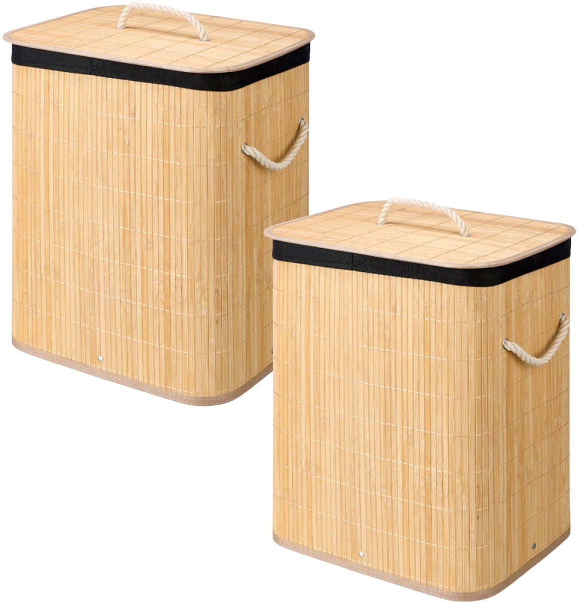 Kipit Wasmand van bamboe - 2x - zwart / bruin - 60 liter - 40 x 30 x 50 cm - met deksel - met binnendoek — afbeelding 1