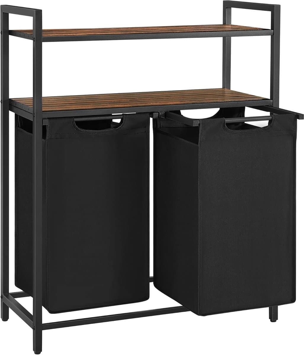 Wasmand Met Manden - Kleding Sorteerder - Kleding Opbergen - Twee Legplanken - 91 cm Hoog - Bruin Zwart — afbeelding 1