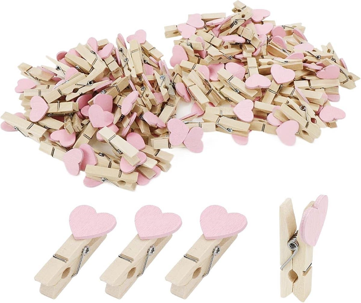 Wasknijpers Hartjes - Kleine Clips - Decoratie en Ambachten - Natuurlijk Hout - 100 Stuks - Roze — afbeelding 1