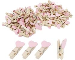 Wasknijpers Hartjes - Kleine Clips - Decoratie en Ambachten - Natuurlijk Hout - 100 Stuks - Roze