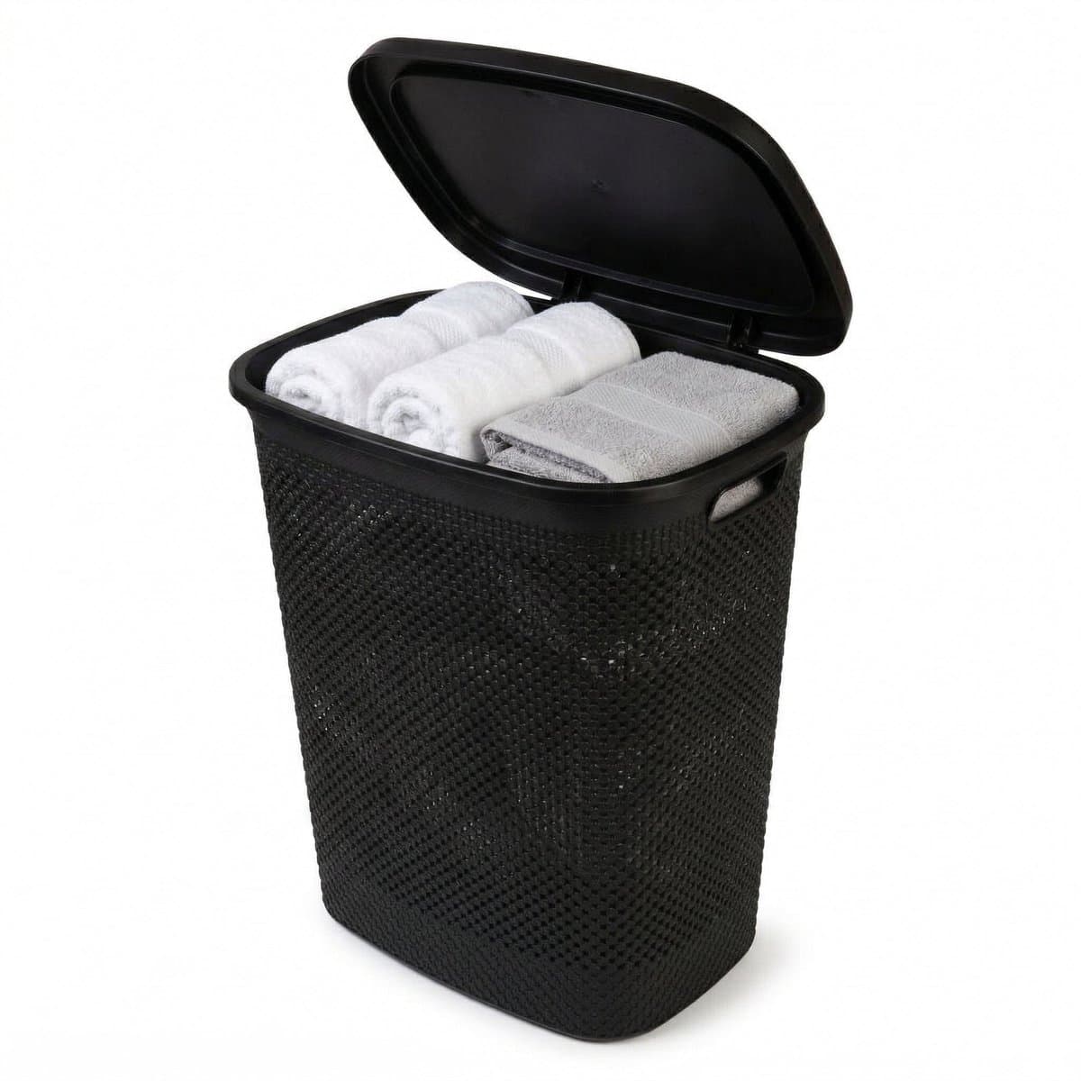 Cheqo® Wasmand met Deksel - Wasbox Zwart - Rotan Look Gevlochten - Opbergmand voor Badkamer en Slaapkamer - met Handvatten en Ventilatie - Waskorf voor Wasruimte - Wasgoedmand met Klapdeksel - Linnenmand - Grote Wasverzamelaar voor Wasgoed — afbeelding 1