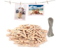 Houten knijpers 120 stuks 2.5 x 0.3 cm met 10 m touw, kleine clips voor foto's, kaarten en feestdecoraties