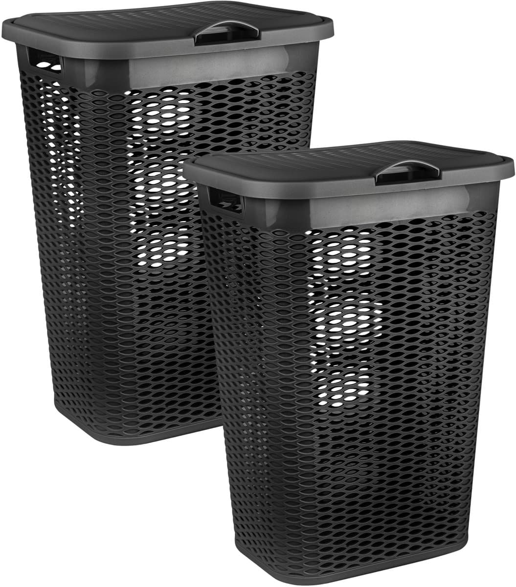Plasticforte Wasmand Ventilation - 2x - met deksel - zwart - kunststof - 51 liter - 43 x 35 x 61 cm - Badkamer - Wasgoed - Nieuw design - Zeer stevig — afbeelding 1