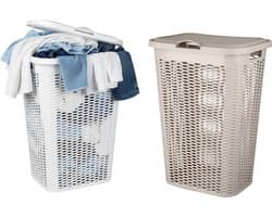 Wasmand Ventilation - met deksel - 2x - wit en beige - 50 liter - 61 x 43 cm