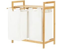 Intirilife Wasmand Uittrekbar van bamboe met 2 vakken - tweedelige waszak - uittrekbare, afneembare waszakken van katoen - dubbele wasmand met opbergvak - wassorteerder - scheiden en sorteren