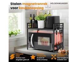 Magnetronrek (2 standen) – zwart – hoge stabiliteit met antislip en rubberen voetjes – in hoogte en lengte verstelbaar magnetronrek van 40–64 cm – inclusief gereedschap, handleiding en 8 haken