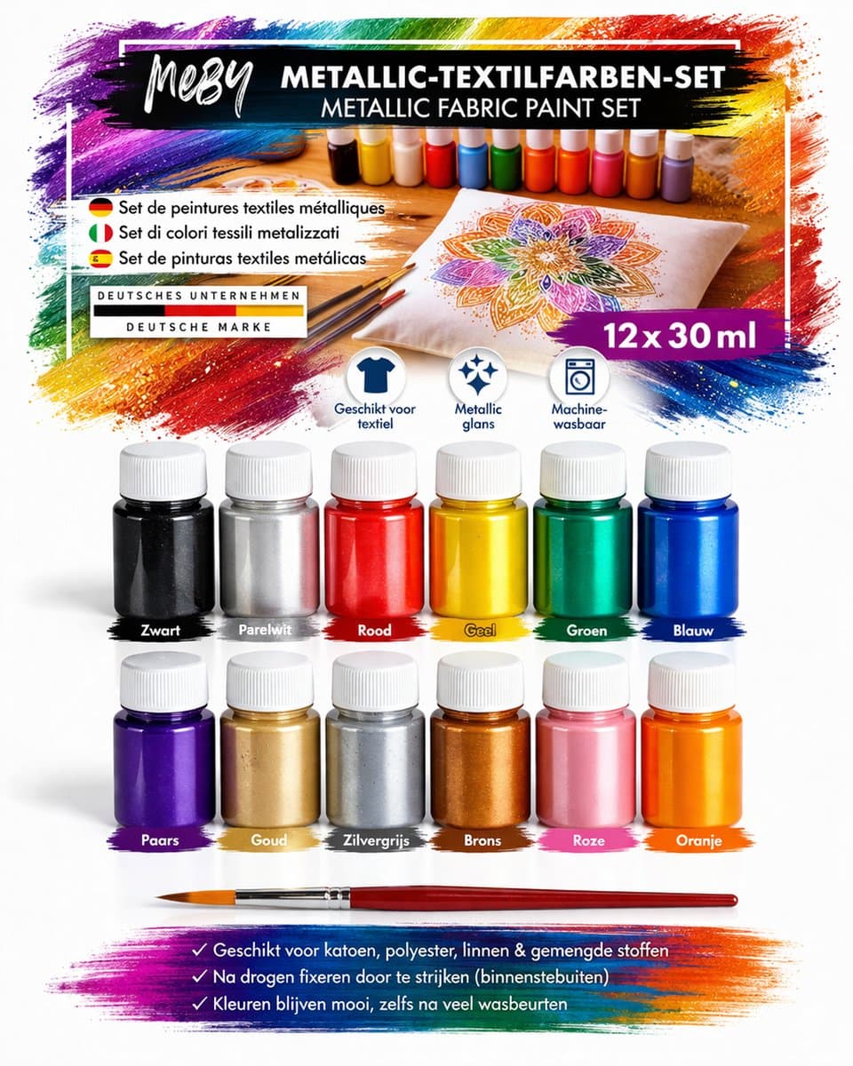 Bastelzone Metallic Textielverf Set - 12 metallic kleuren, 30 ml per flesje - Machinewasbaar — afbeelding 1