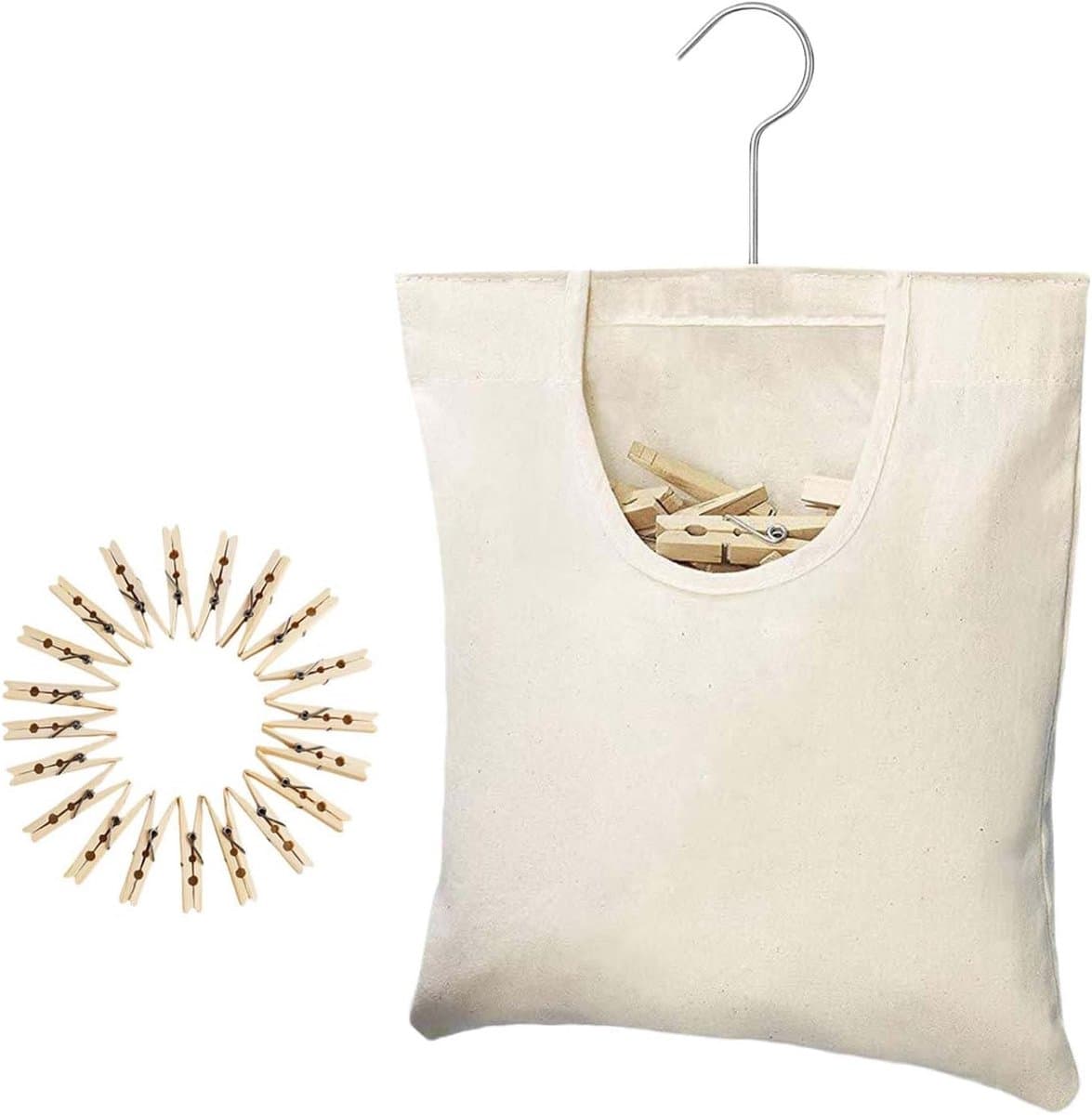 Wasknijper Opbergzak - Canvas Zakje - Wassen Organiseren - 360 Graden Draaibare Haak - 32x27cm - Beige — afbeelding 1