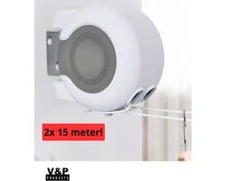V&P Products® Waslijn uittrekbaar wit - Waslijndraad - 2x 15 meter - Wasdraad - Uittrekbare Waslijn - Roldrooglijn voor buiten en binnen - automatische waslijn - wand droogrek — afbeelding 1