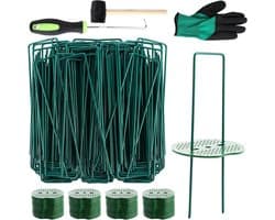 Grondankers en Bufferschijven Set - 100 Stuks, Anti-roest Verzinkt, U-vormige Haringen voor Tuin, Onkruidbarrière - Inclusief Haakopener, Hamer, Wanten - 150 x 35 mm, Groen
