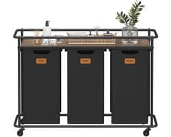 VASAGLE - Wasmand - Wasmand met 3 Vakken - Wassorteerder op Wielen - 150 L Met Opbergrek