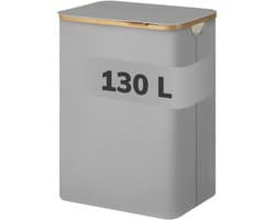 ACAZA Wasmand Met Deksel - 2 Vakken - 130 L - Bamboe - 52 x 38,5 x 70,5 cm - Grijs — afbeelding 1