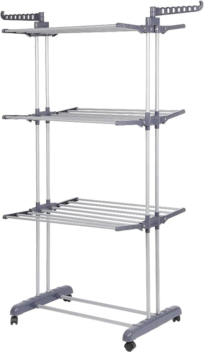 Droogrek met wieltjes - Wasrek toren - Kleding drogen - 4 etages en vleugels - 170 cm hoog - Grijs — afbeelding 1