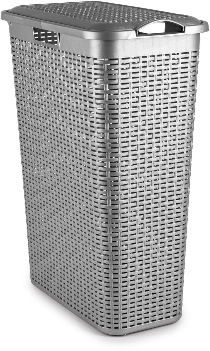 Plasticforte Smalle Wasmand met deksel Rotan - zilvergrijs - gevlochten kunststof - 48 liter - 27 x 46 x 60 cm — afbeelding 1