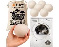 Ruhhy 6‑pack wollen drogerballen – 30% sneller drogen - 100% wol, herbruikbaar tot 1000x