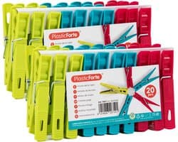 Plasticforte Wasknijpers - 40x stuks - felle kleuren mix - kunststof - 7 cm - Was ophangen