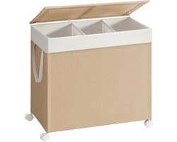 Furnstar HOME Wasmand met 3 vakken - Wasverzamelaar 140 l - Wassorteerder op wieltjes met deksel - Waszak met handgrepen - Rotan-look - Voor bijkeuken en badkamer - Beige/Wit — afbeelding 1