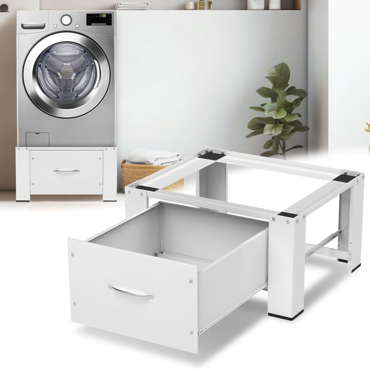 Wasmachine opbouwmeubel Wit - Wasmachine verhoger met lade - Wasmachine Sokkel - Wasmachine Kast - 62.5x54.5x32.5cm - Universeel — afbeelding 1
