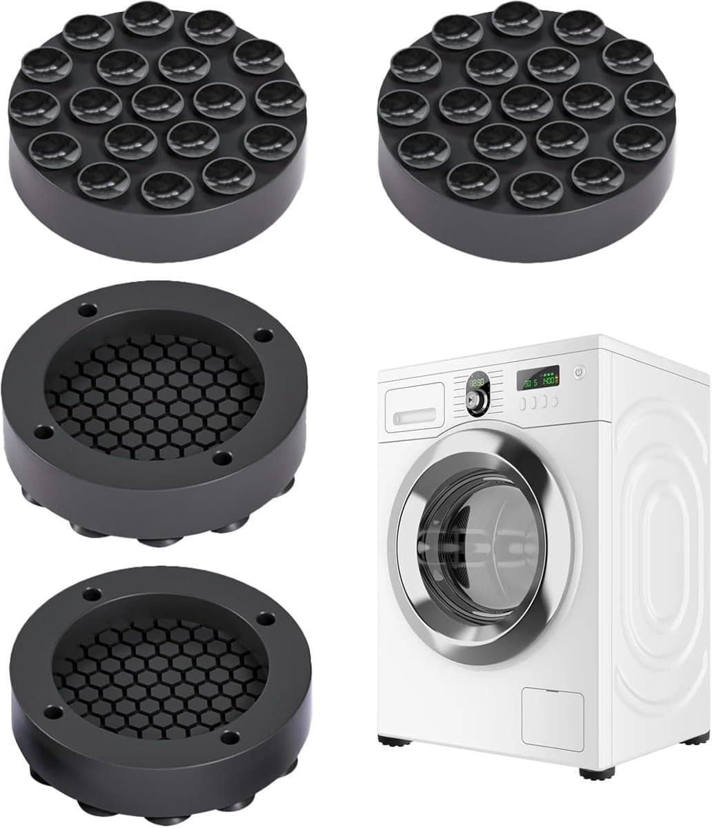 Trillingsdempers wasmachine - Wasmachine pootjes - Antivibratie pads - Witgoed accessoires - Geluidsdemper - Wasmachine verhoger - Anti slip mat - Droger accessoires - Trillingsdemper - Vloerbescherming - Demper wasmachine - Zwart - 4 stuks — afbeelding 1