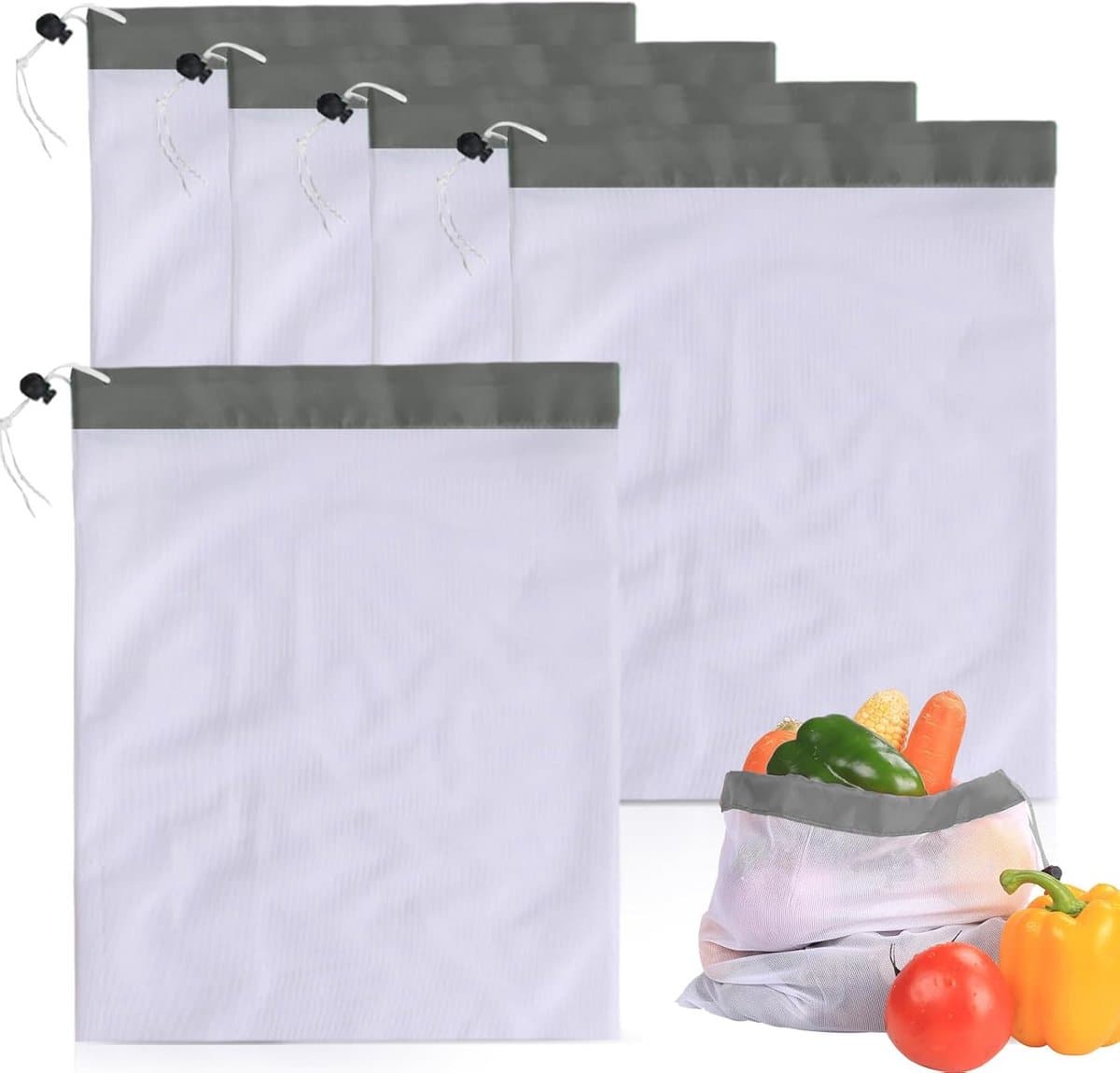 Groentenetzakken herbruikbaar met trekkoord 30x38cm 10 stuks wit grijs — afbeelding 1