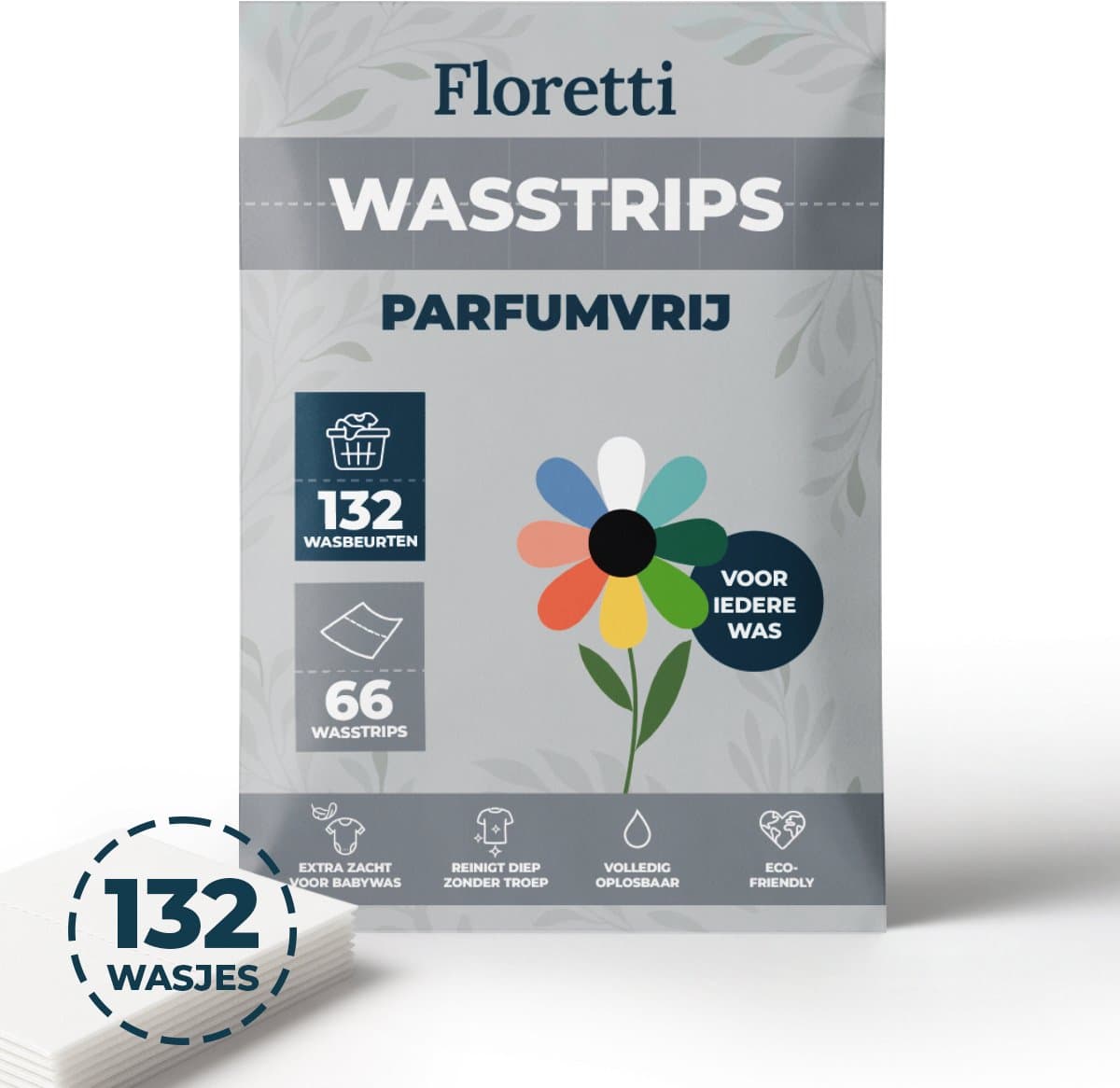 Floretti – Milieuvriendelijke Wasstrips – Parfumvrij – 132 wasbeurten – Wasstrips / Wasmiddeldoekjes / Wasdoekjes / Wasvellen / Laundry Sheets – Vegan – Voor gevoelige huid & babytextiel — afbeelding 1