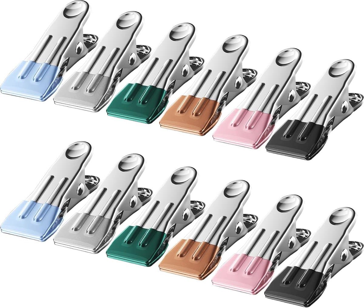 Set van 12 RVS Klemmen voor Kleding met Haken - Winddichte Kleuren Kledingknijpers - Stevige Kledingclips voor Buiten - Ideaal voor Kledinglijn, Chipzakken en Voedsel — afbeelding 1