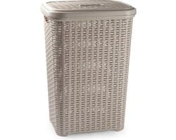 Plasticforte Wasmand met deksel - 60 liter - taupe - rotan - kunststof - L35 x B43 x H62 cm