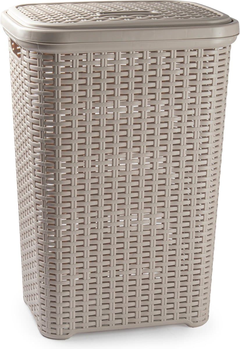 Plasticforte Wasmand met deksel - 60 liter - taupe - rotan - kunststof - L35 x B43 x H62 cm — afbeelding 1