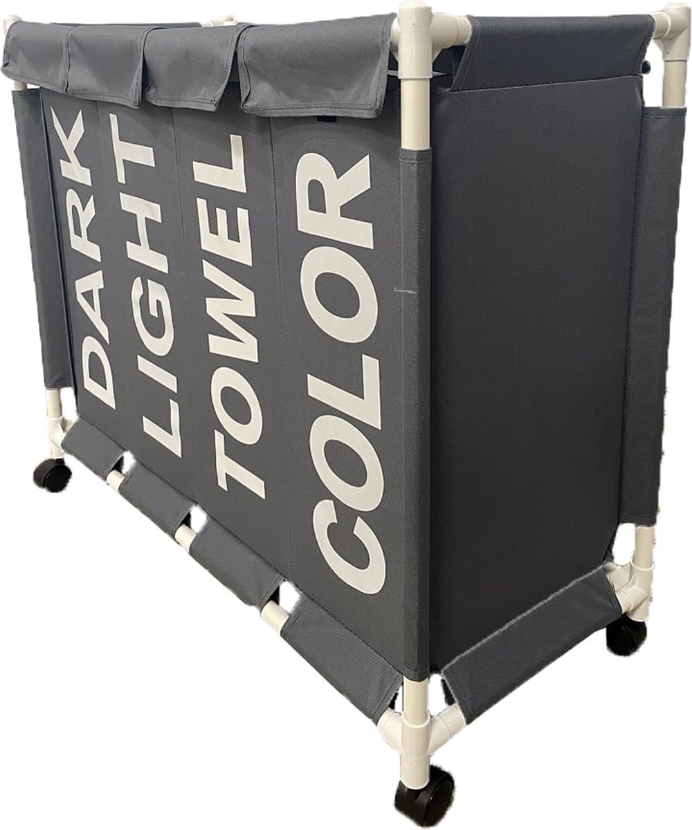 Lowander wasmand met deksel 120 liter - Wassorteerder met 4 vakken - Op wieltjes - Dark Light Towel Color - Wasverzamelaar met zwenkwielen - Grijs / Wit — afbeelding 1