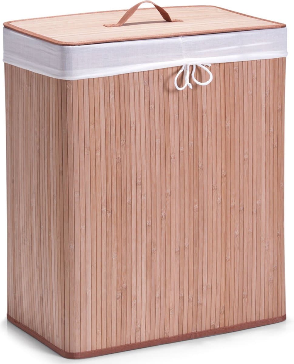 Luxe dubbele bruine wasmand van bamboe hout 52 x 32 x 63 cm - Huishouding/huishouden - Schoonmaakartikelen - Was sorteren/verzamen - Wasgoedmanden/wasmanden - Dubbele wasmanden — afbeelding 1