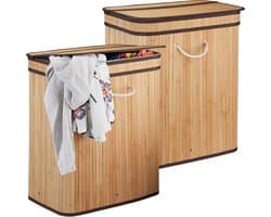 2x wasmand met deksel - 2 vakken - bamboe wasbox - mand voor wasgoed - natuur