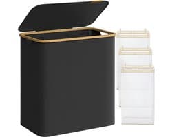 FurnStar - Wasmand met deksel - Wasverzamelaar met 3 vakken - 150 Lt - Uitneembare waszak - Oxford-weefsel - Handgrepen van bamboe - Inklapbaar - 60 x 38,5 x 70,5 cm - inktzwart