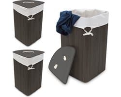 3x wasmand hoekmodel bamboe - 60 liter - deksel - zwarte wasbox - driehoekig