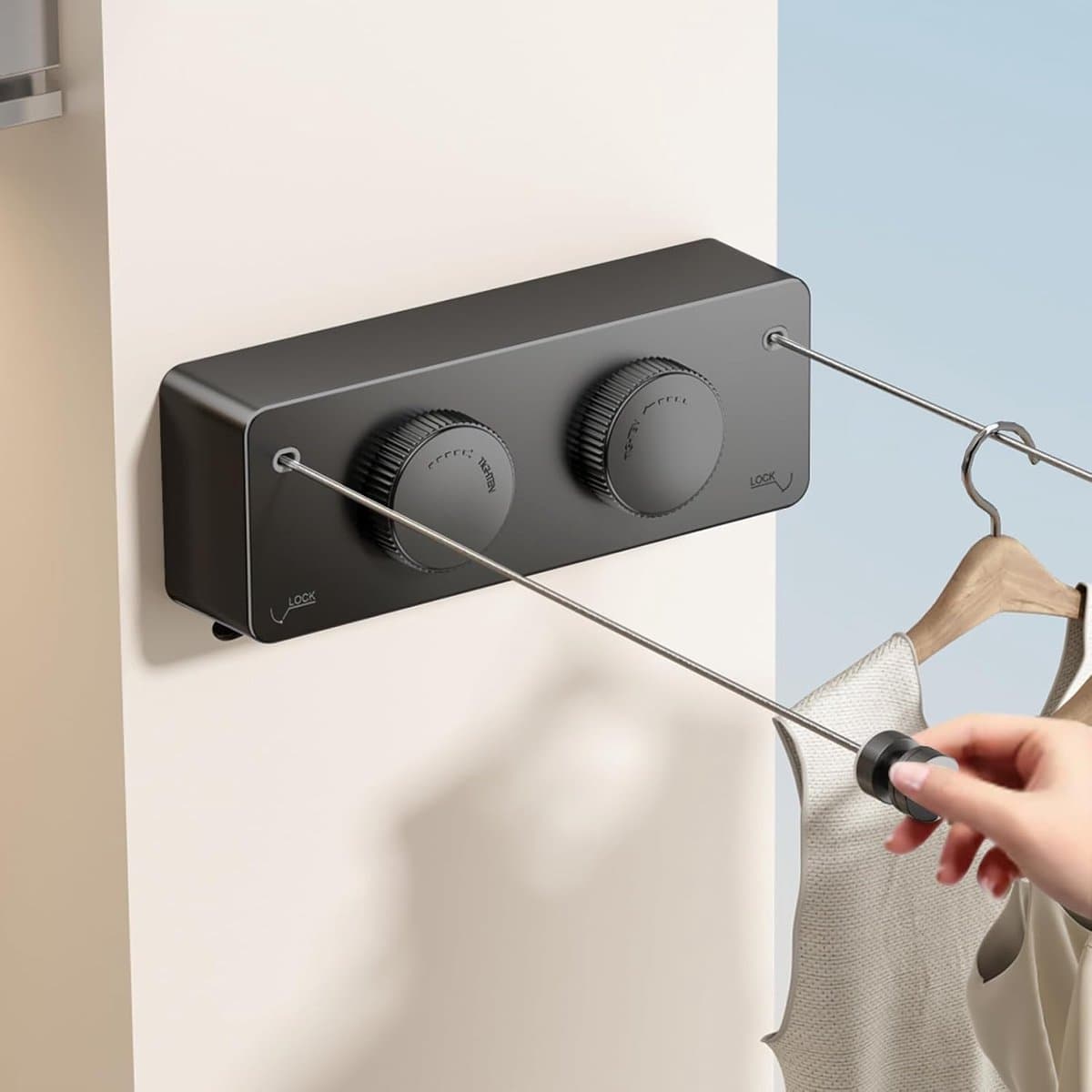 Fil Double Linge Extérieur Intraakbare Ondersteuning Wandschilderij, Uitbreidbare Koord A Linge Intraakbare Interieur Etendoir Linge Exterieur Etendoir Mural Exterieur Sechoir Mural Interieur 4.2m (Zwart) — afbeelding 1
