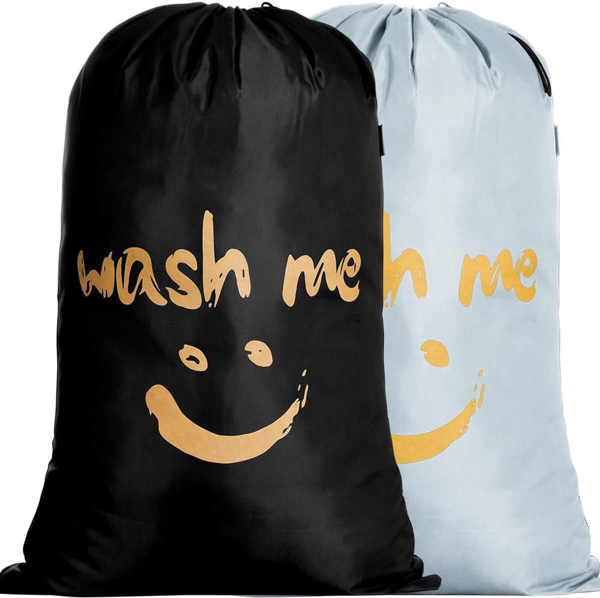 Pack of 2 Laundry Bags with Drawstring for Travel Home RIP Stop Laundry Bag Smiley Design 66 x 96 cm Black/Silver - ShopVlot — afbeelding 1