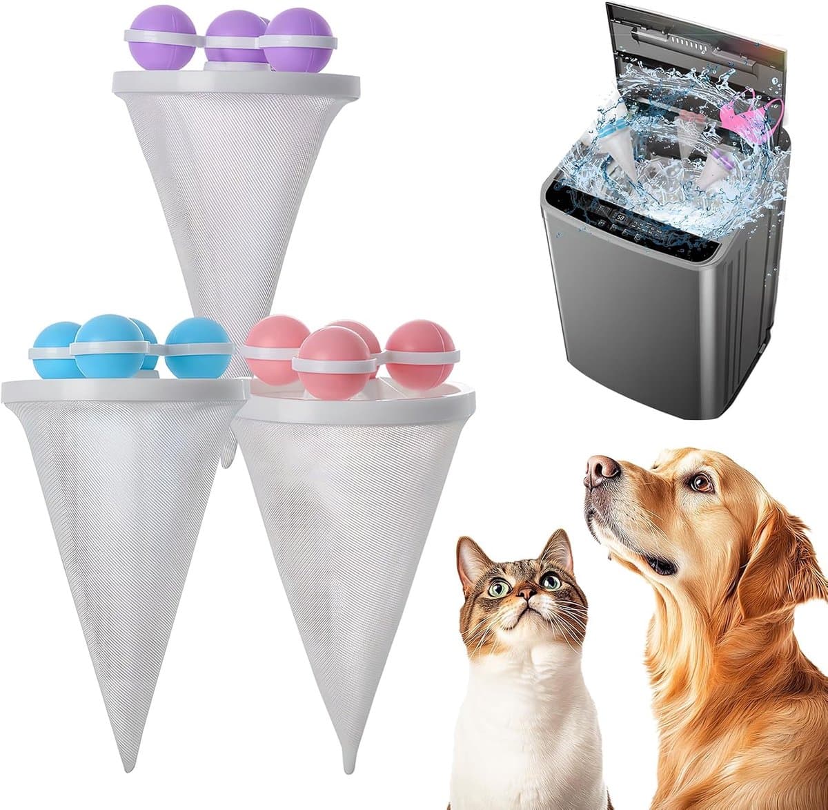 Herbruikbare Drijvende Wasfilterzakken van gaas - 3 stuks - Pluisballen - Dierenhaarvanger - Wasballen - Wasbalzak - Wasdrogerballen - Voor in de wasmachine - Verwijderd haar en pluisjes - Paars+Roze+Blauw — afbeelding 1