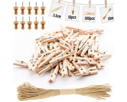 100 Stuks Houten Knijpers 3,5cm, Mini Wasknijpers DIY Geldcadeaus Deko voor Foto's, Kleine Houten Klemmen met 10 Spijkers en 10m Jute Touw voor Fotowand Verpakking Gastcadeau (3,5×0,7cm)
