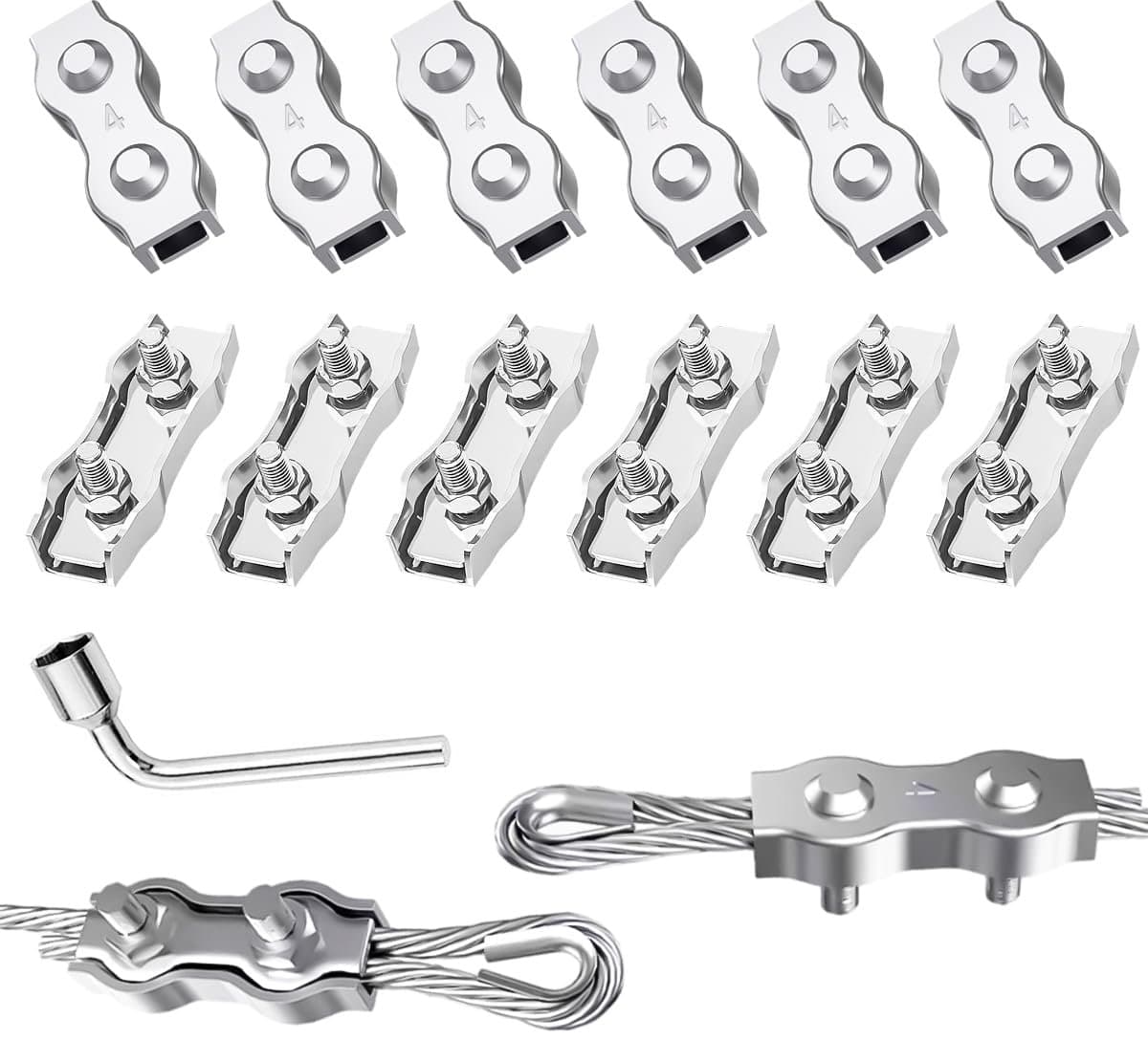 SnelShoppen - Duplex Clamp Cable Connectors 12 Stuks Kabelklem voor Stalen Kabel Waslijn Canopy Bevestiging, Roestvrijstaal, Sterke Klemkracht, Duurza — afbeelding 1
