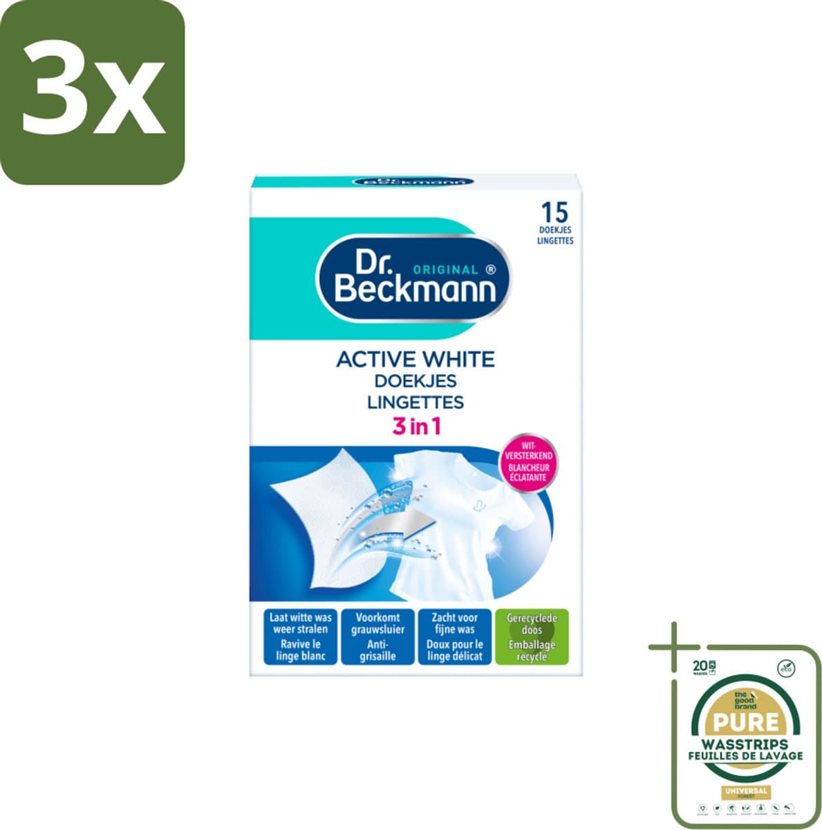 3 x Dr. Beckmann - Kleurverzorging - Active White - Witte Was - 15 Doekjes - Grootverpakking - Witwas - Grauwsluier Verwijderen - Witte Was Herstellen - Actieve Witmaker - Was Reinigen — afbeelding 1
