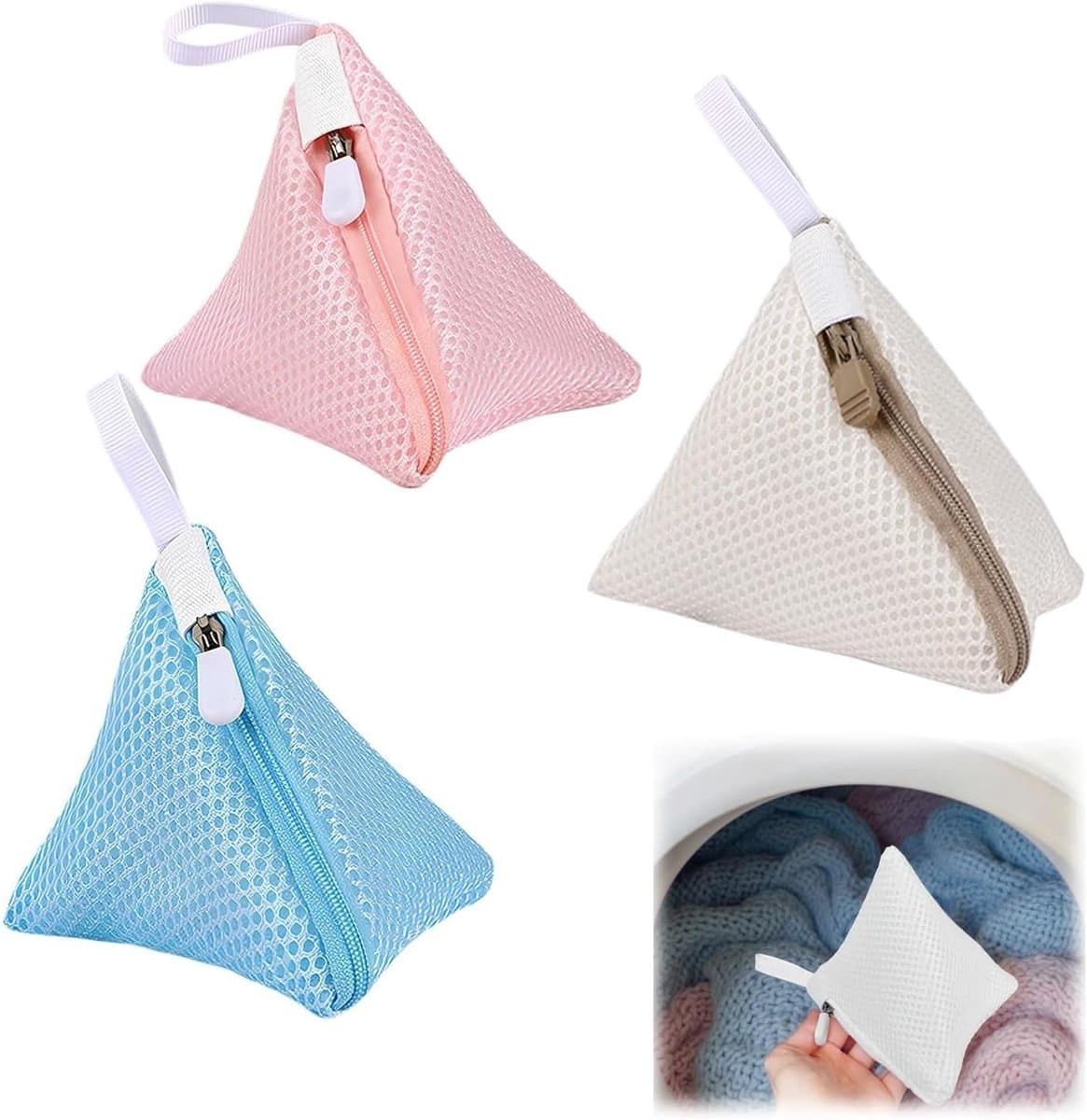3 stuks - Waszak - Mini waszakjes - Mini Mesh Waszakken - Tas Wasnetten - Reiswaszak - Waszak Wasmachine - BH-waszakje - met rits - huishoudelijke artikelen - voor bh's, ondergoed, sokken en kleine accessoires - 12*12 cm - roze, blauw, beige — afbeelding 1